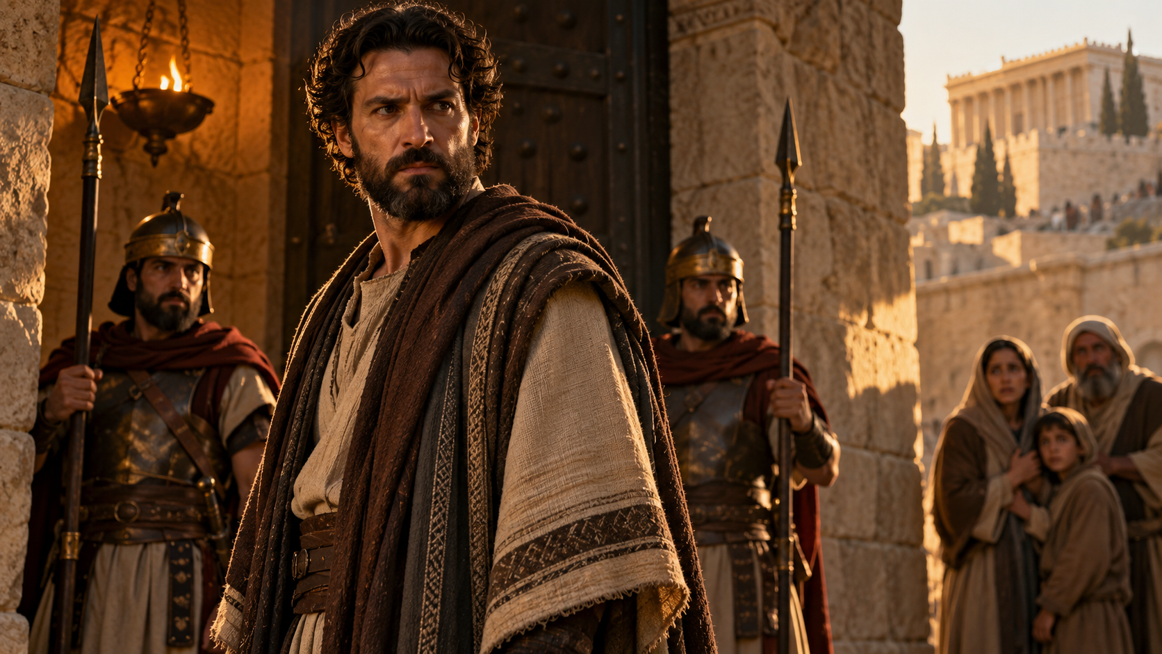 Saul standing among soldiers in ancient Jerusalem